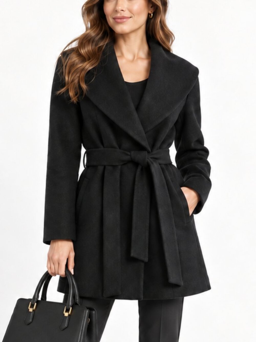Calvin Klein Black Wool Blend Women's Pea Coat Lined Tie Waist Winter (Size S)